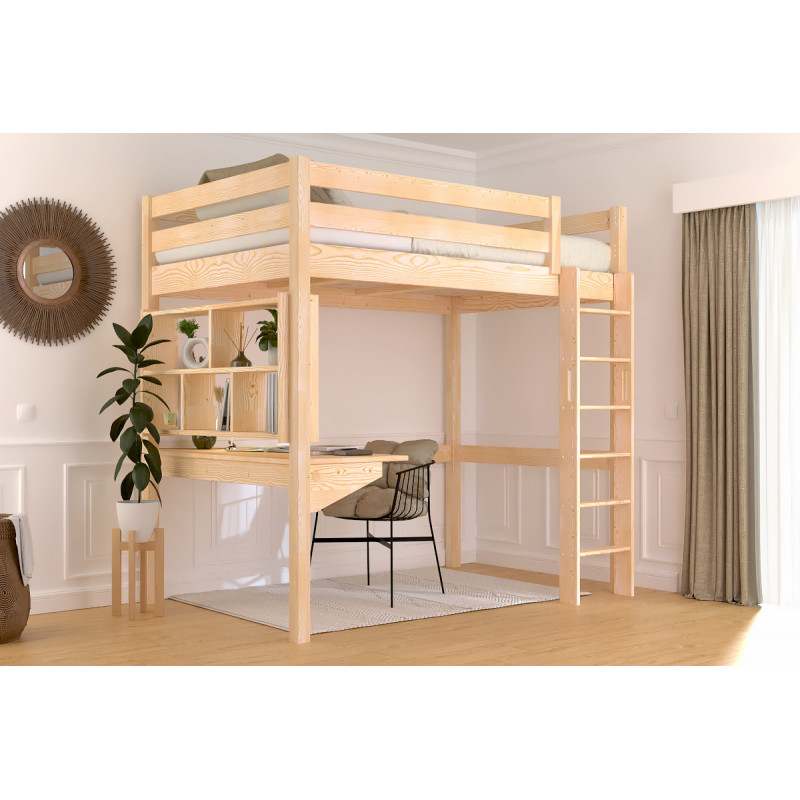 Letto rialzato in legno massiccio con scala diritta non verniciato