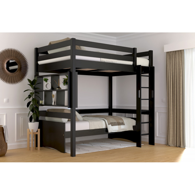 Letto rialzato in legno massello scaletta diritta con finitura nera