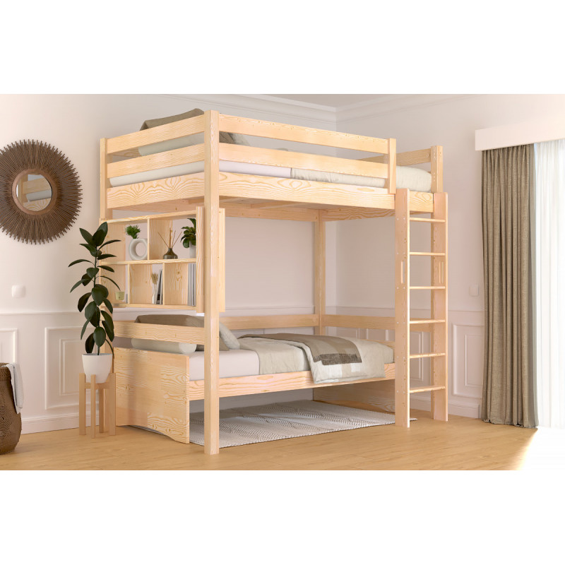 Letto rialzato in legno massello scaletta diritta con finitura verniciata naturale