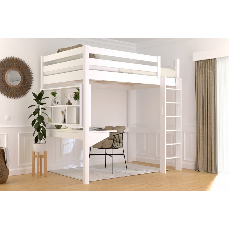 Letto rialzato per adulti con scala diritta - vernice satinata bianca