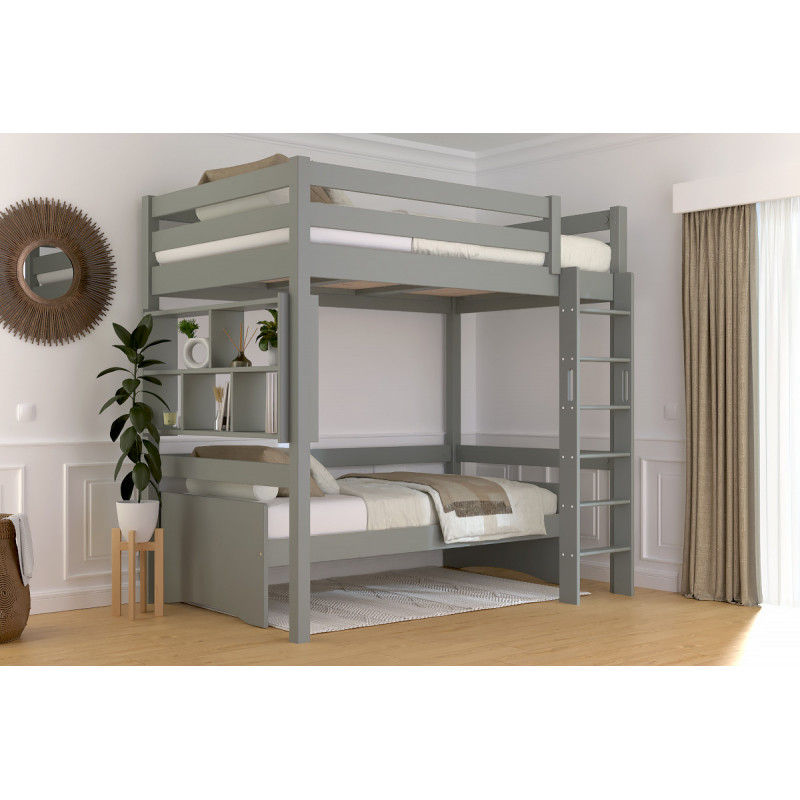 Letto rialzato in legno massiccio con scala diritta e vernice grigia