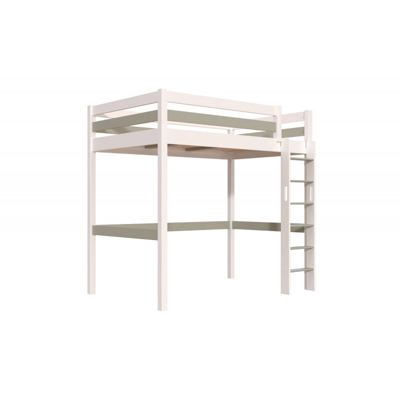 Letto rialzato in legno massello – bianco/moka con scala dritta