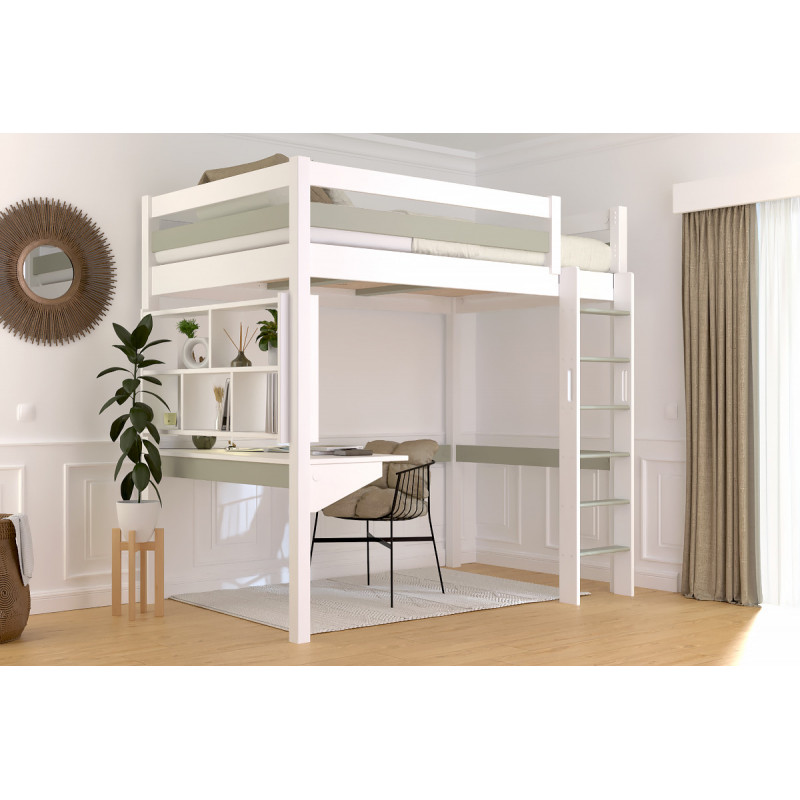 Letto rialzato per adulti con scala dritta – verniciato all'acqua bianco/moka