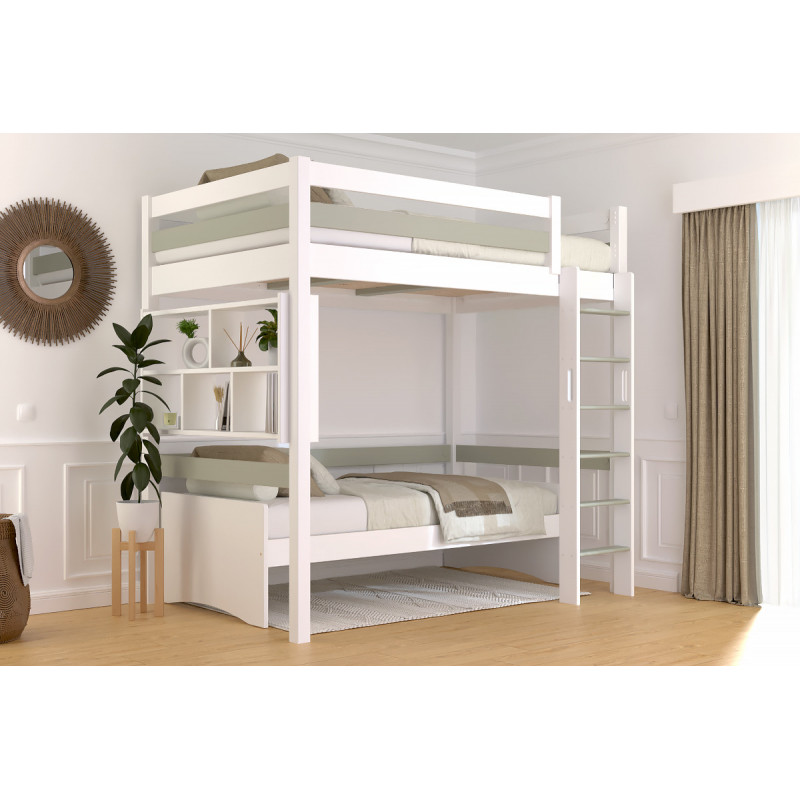 Letto rialzato in legno massello con scala dritta e verniciato bicolore bianco/moka