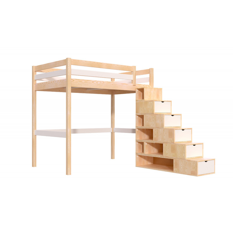 Letto a soppalco per adulti, scala cubica e verniciato naturale/bianco