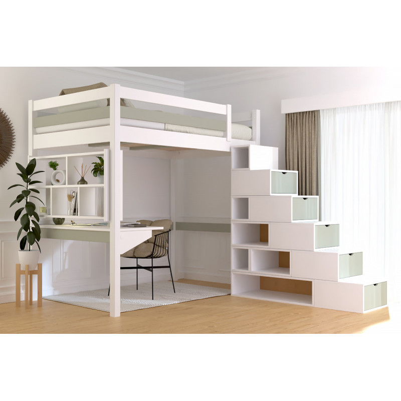 Hochbett 120x200 mit Würfeltreppe – zweifarbige Lackierung (Weiß/Mokka)