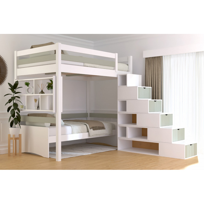 Hochbett für 1 Person mit Würfeltreppe – Lackierung Weiß/Mokka