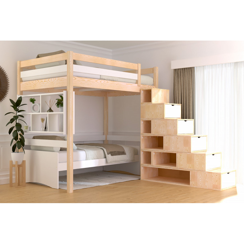 Letto a soppalco con accesso tramite scala cubica e verniciato bicolore naturale/bianco