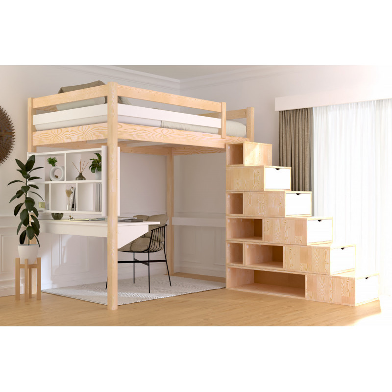 Letto a soppalco per adulti 120x200 con accesso tramite scala cubica – verniciato naturale/bianco