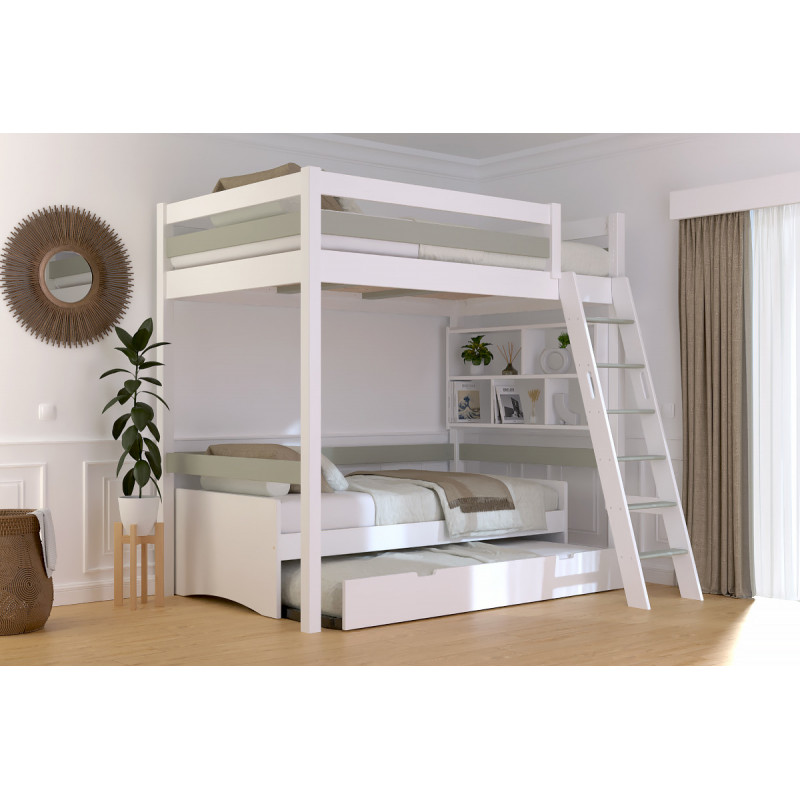 Adult high sleeper bed with slanted ladder – white/mocha water-based varnish