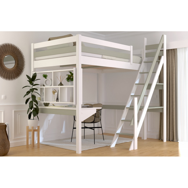 Letto a soppalco per adulti con scala da mulino – verniciato all'acqua bianco/moka