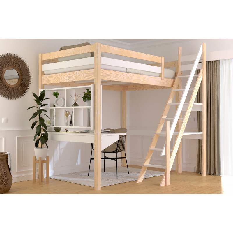 Letto a soppalco 1 posto e mezzo con scala da mulino e verniciatura all'acqua bicolore