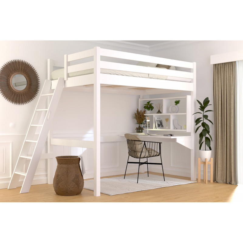 lit mezzanine adulte échelle inclinée - vernis satiné blanc