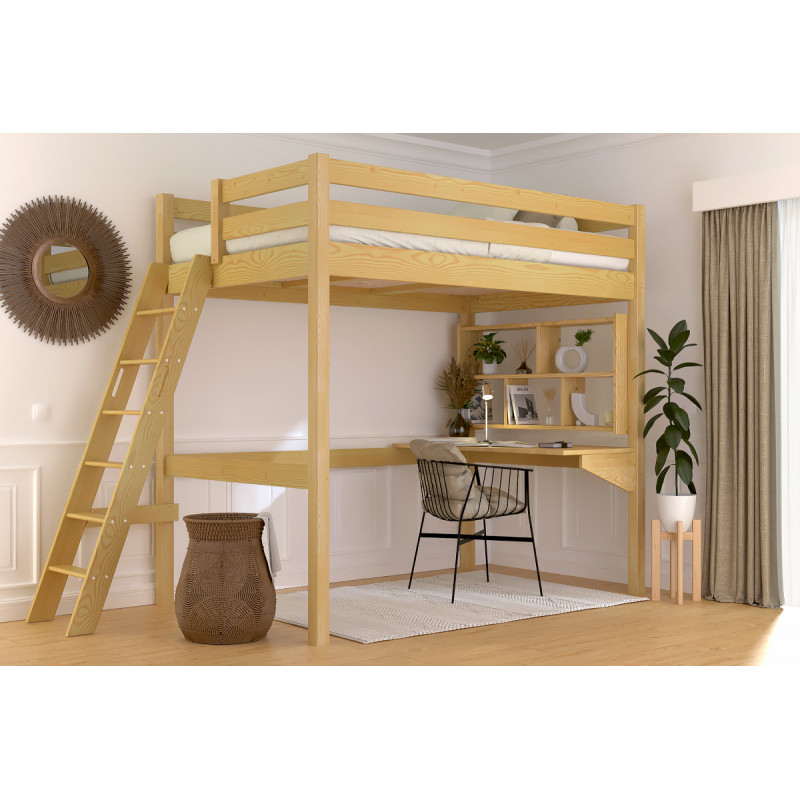 lit mezzanine 120x200 échelle inclinée - vernis satiné miel