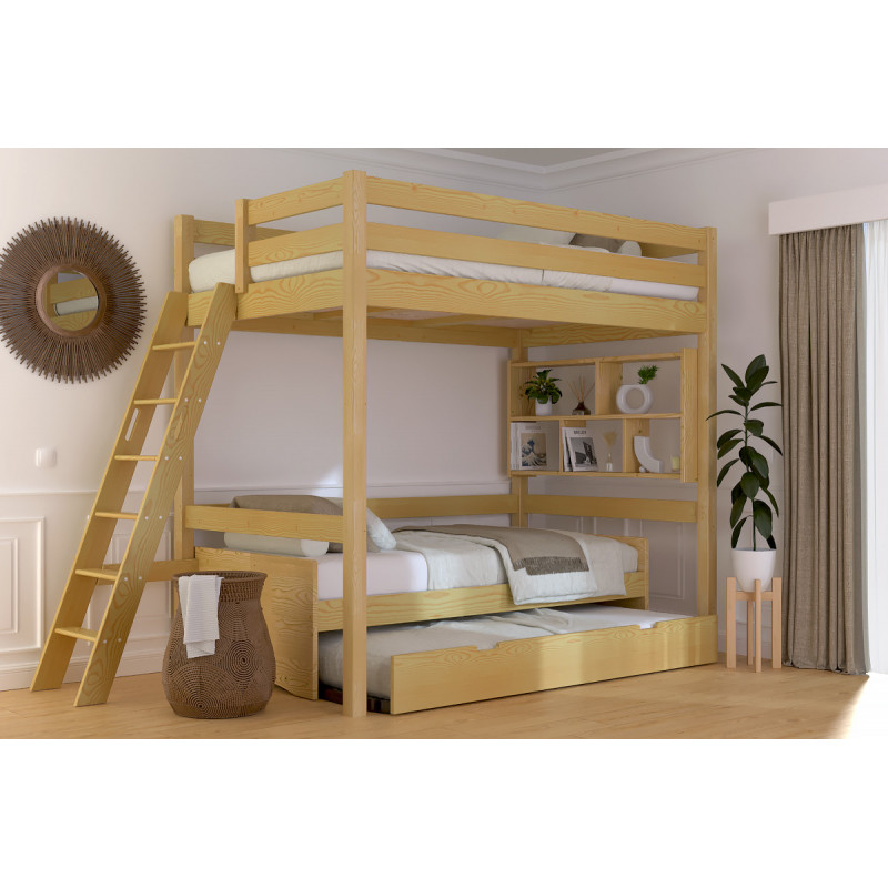 lit mezzanine bois massif échelle inclinée en finition miel