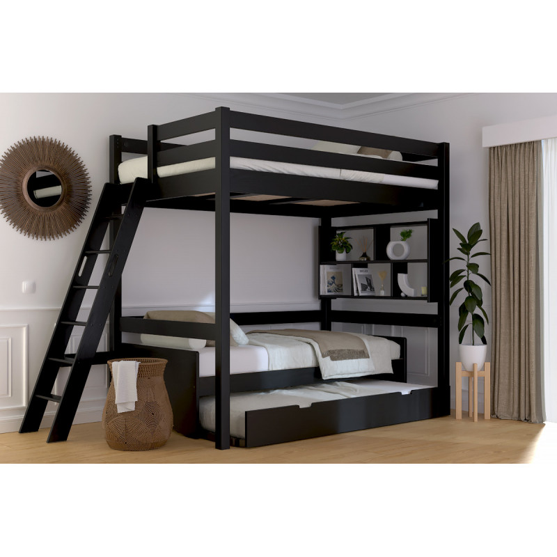 letto a soppalco in legno massello con scala inclinata e finitura nera