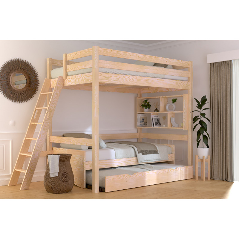 lit mezzanine bois massif échelle inclinée avec finition vernis naturel