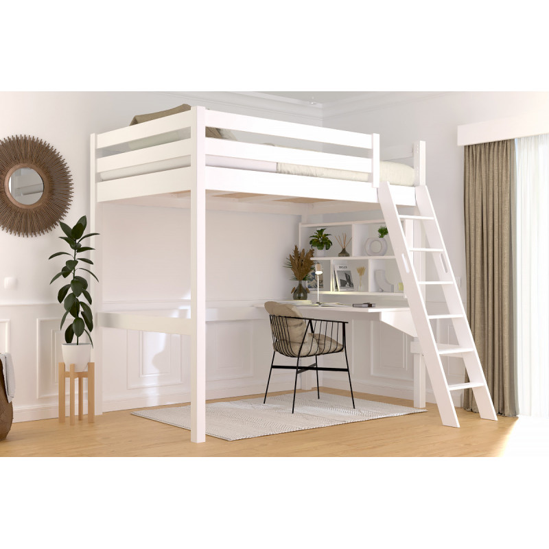 lit mezzanine échelle inclinée pin massif  avec vernis à l'eau blanc