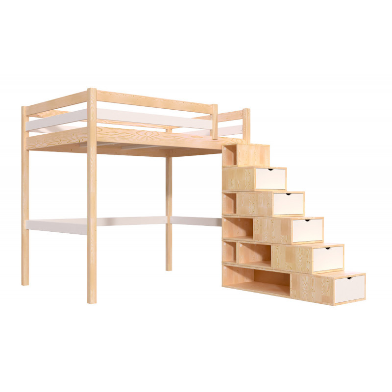 Cama alta de 2 plazas de madera maciza con acceso por escalera cúbica – barniz natural/blanco