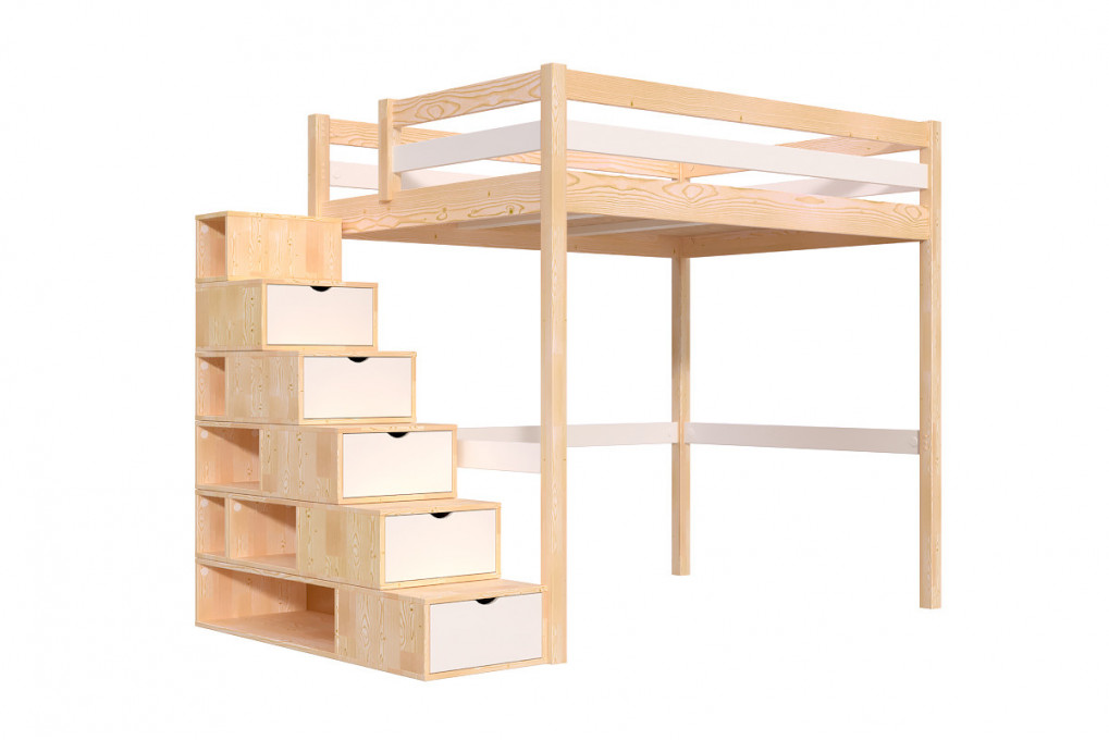 Cama alta 140x200 Sylvia con estanteria escalera