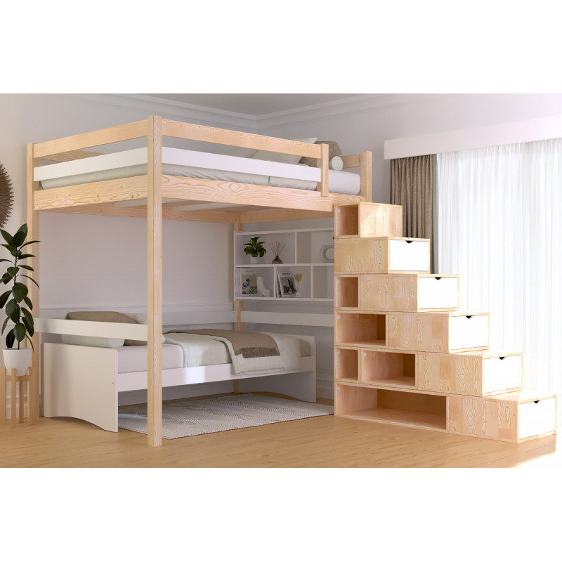 Cama alta doble de pino macizo, acceso por escalera cúbica, barniz bicolor (natural/blanco)