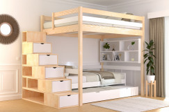 Cama alta 140x200 Sylvia con estanteria escalera