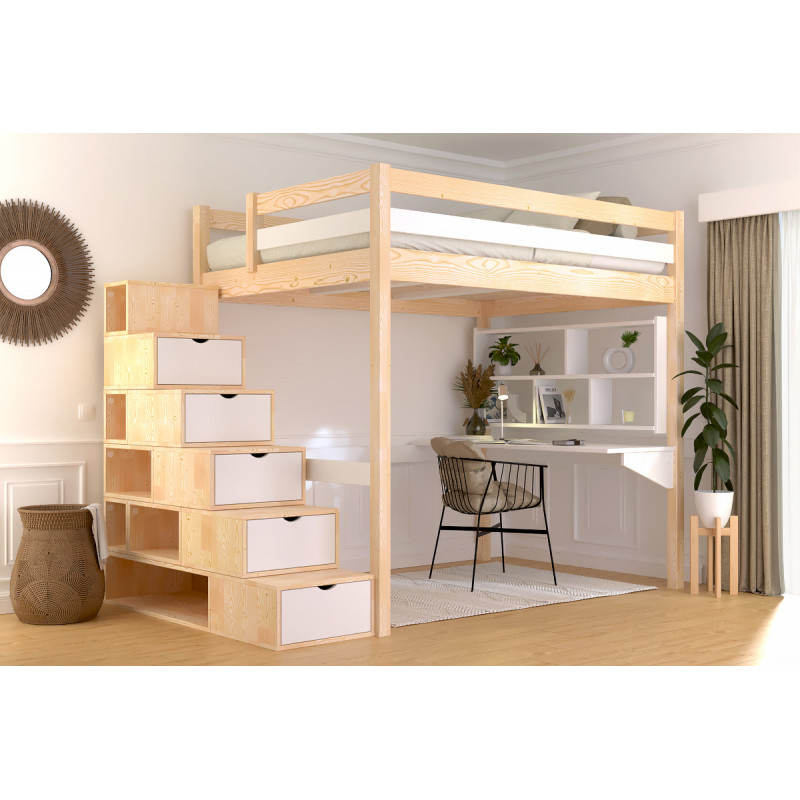 Cama alta de 140x200 fabricada en Francia con barniz natural/blanco – escalera cúbica
