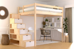 Cama alta 140x200 Sylvia con estanteria escalera