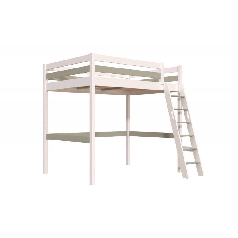 Cama alta de madera maciza para dos personas con escalera inclinada – blanco/moka