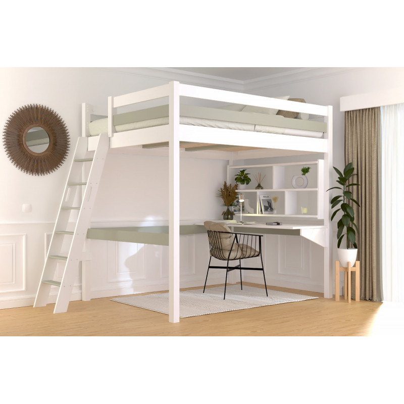 Cama alta para dos personas con escalera inclinada – barniz al agua blanco/moka