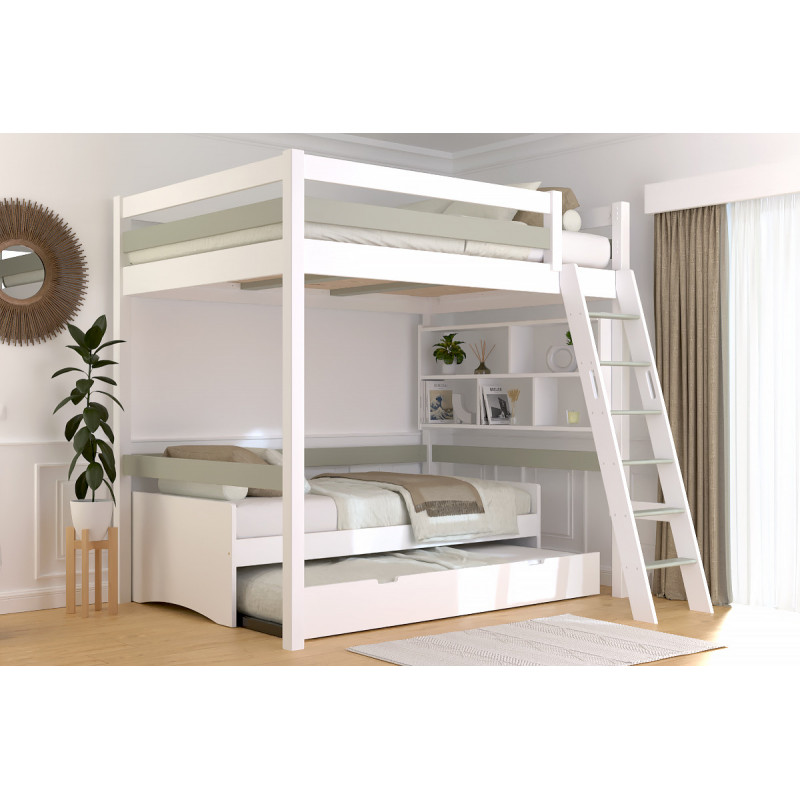 Cama alta de 140x200 de madera maciza con escalera inclinada y barniz bicolor blanco/moka