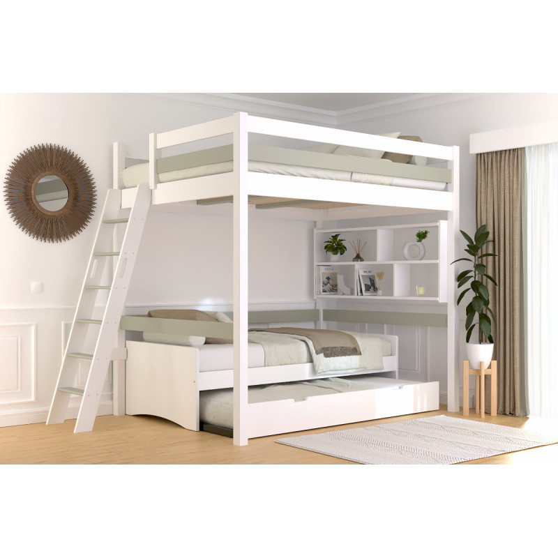 Cama alta para adultos de madera maciza con escalera inclinada – barniz sin disolventes bicolor