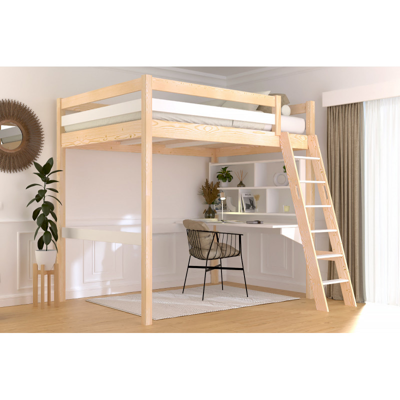 Cama alta para adultos con escalera inclinada – barniz bicolor sin disolventes