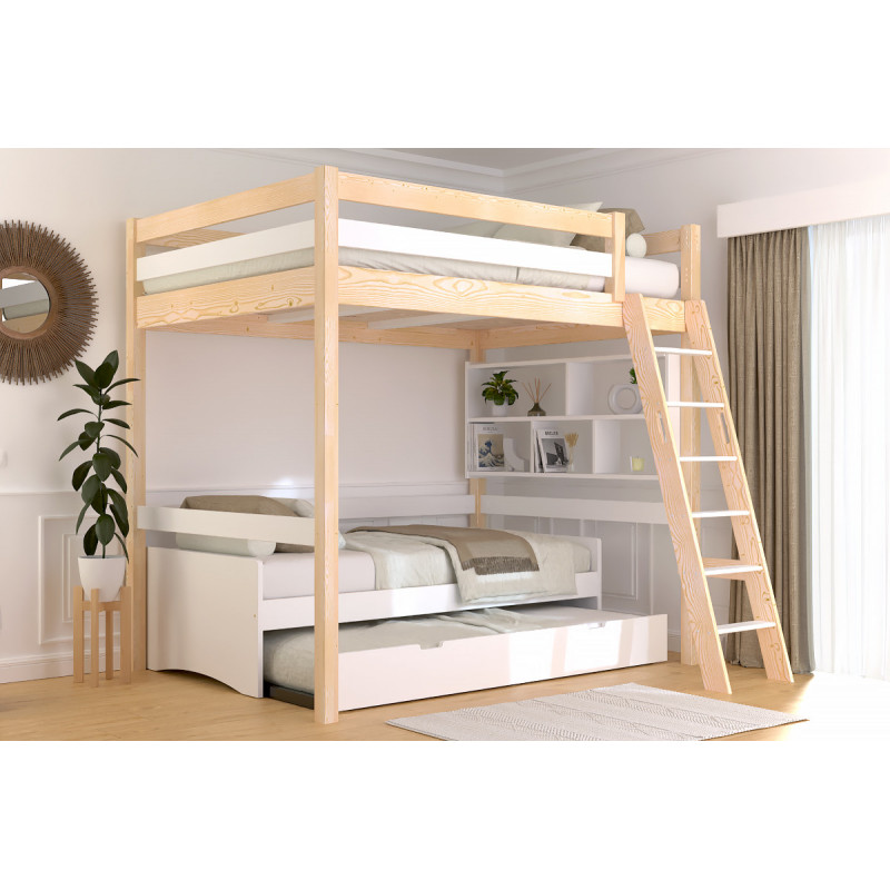 Cama alta doble de madera maciza con escalera inclinada y barniz natural/blanco