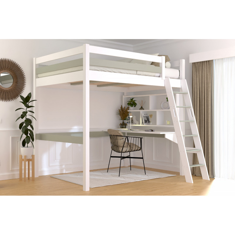 cama alta de 2 plazas con escalera inclinada – barniz blanco/moka