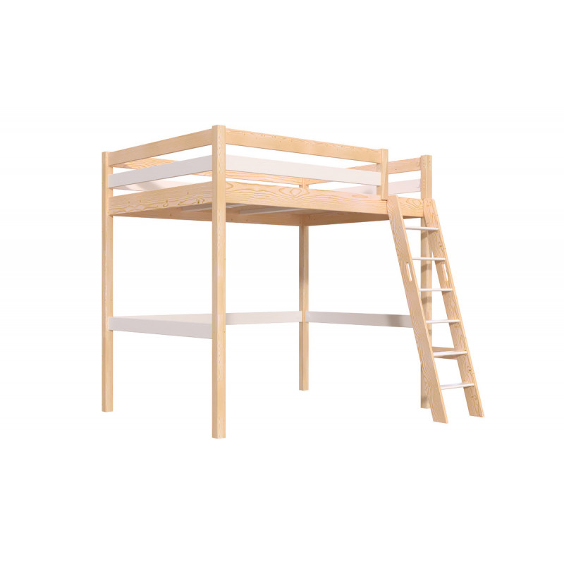Cama alta para adultos con escalera inclinada y barniz bicolor natural/blanco