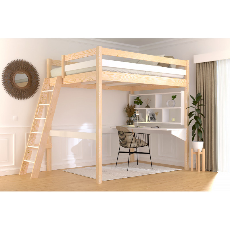 Cama alta doble con escalera inclinada – barniz bicolor sin disolventes