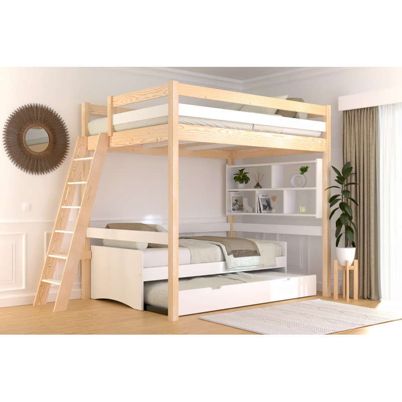 Cama alta doble con escalera inclinada y barniz natural/blanco