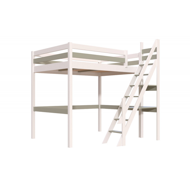 Cama alta para adultos con escalera de molinero y barniz blanco/moka