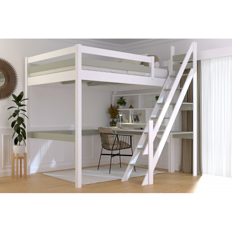 Cama alta doble con escalera de molinero, barniz blanco/moka