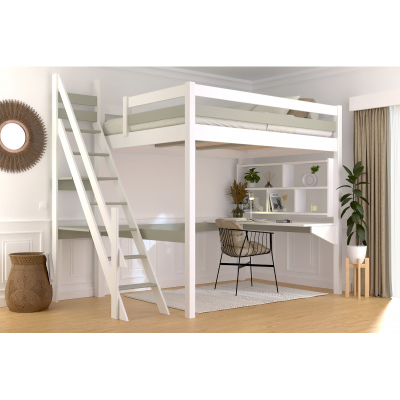 Cama alta doble con escalera de molinero – barniz bicolor sin disolventes