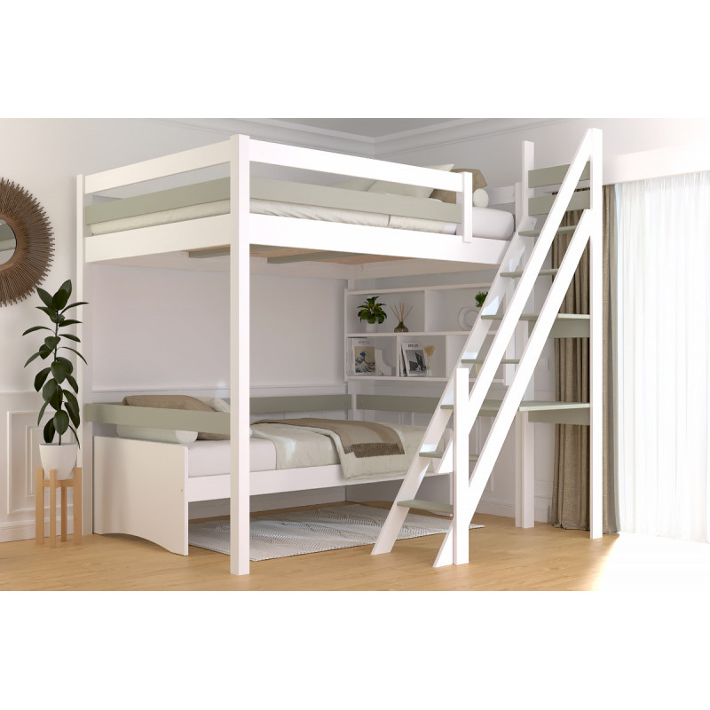 Cama alta con barniz bicolor blanco/moka, escalera de molinero