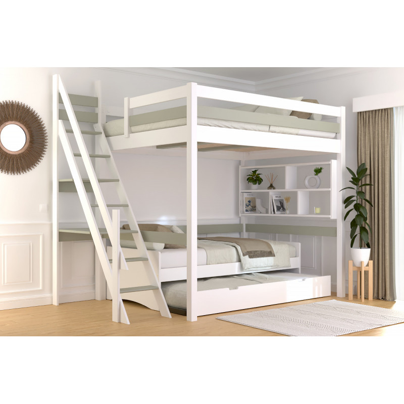 Cama alta con barniz bicolor blanco/moka, acceso por escalera de molinero