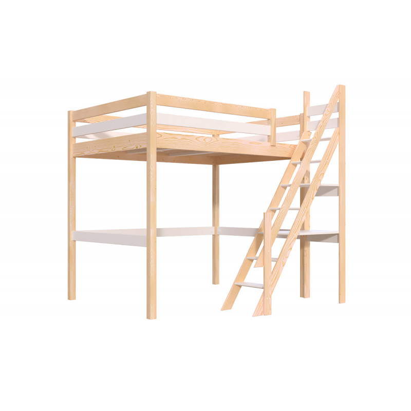 Cama alta de 2 plazas con escalera de molinero y barniz satinado bicolor