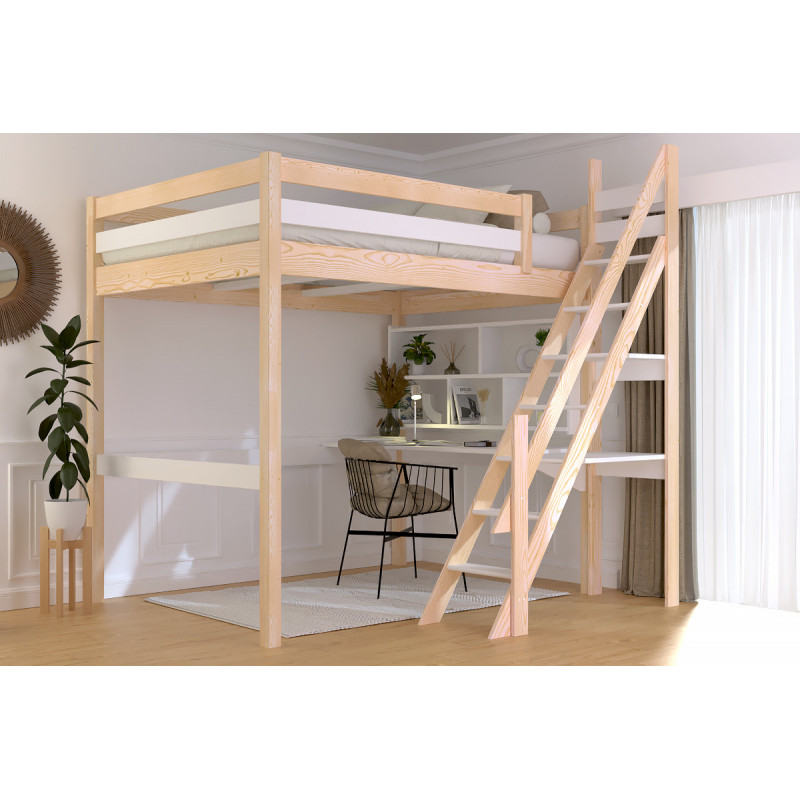 Cama alta para adultos con escalera de molinero – barniz bicolor sin disolventes