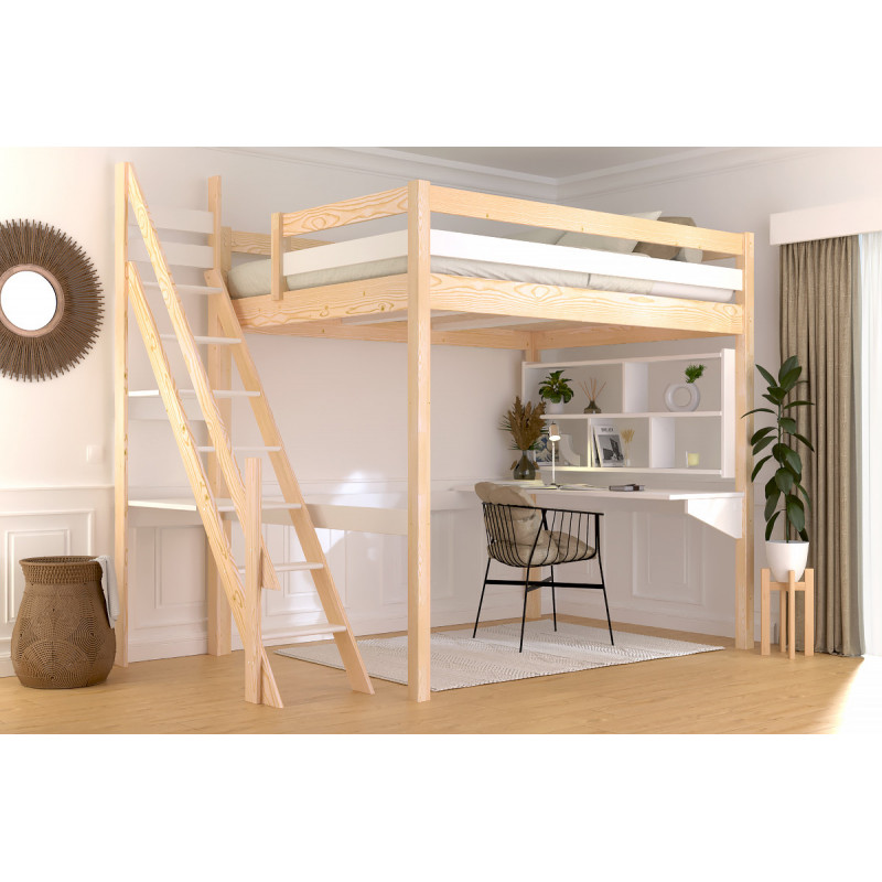 Cama alta de 2 plazas con escalera de molinero – barniz al agua natural/blanco