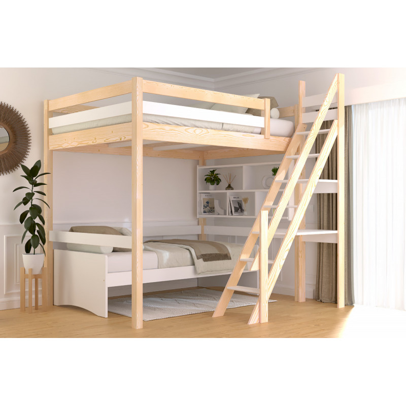 Cama alta con escalera de molinero – barniz bicolor (natural/blanco)