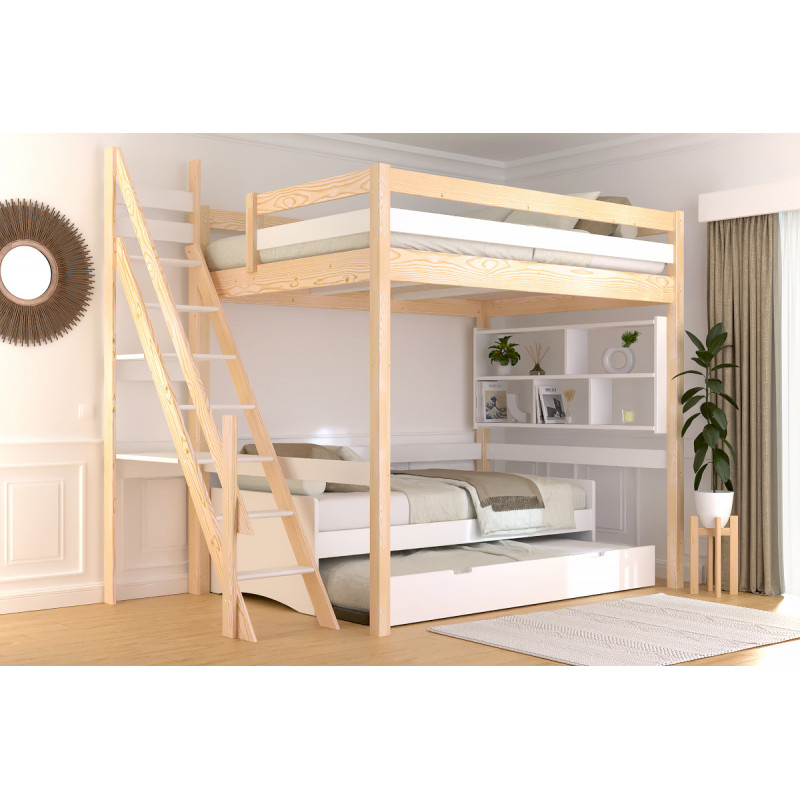 Cama alta con escalera de molinero, barniz natural/blanco