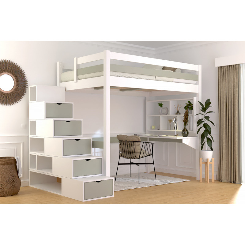 Hochbett für 1 Person, hergestellt in Frankreich, mit Würfeltreppe – weiß/mokka lackiert