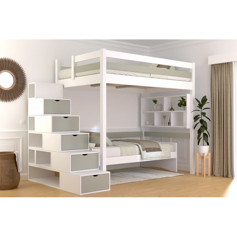 Hochbett – Würfeltreppe – weiß/mokka lackiert